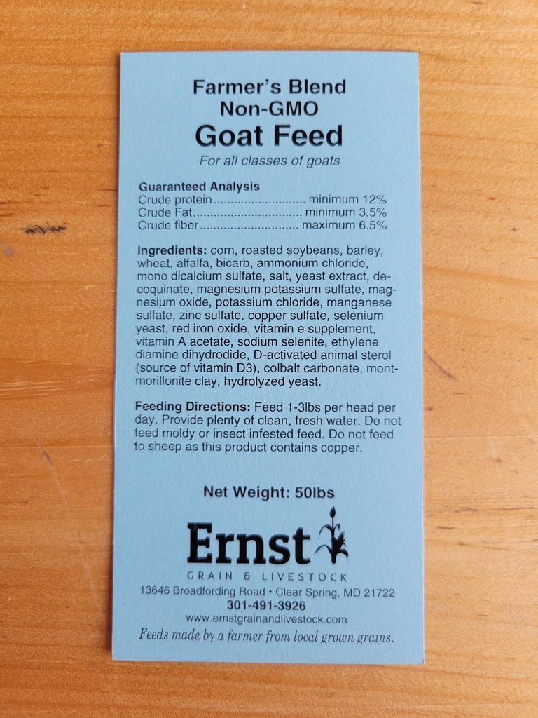 Farmer's Blend Non-GMO Goat Feed 50lbs Goat Feed Tag
