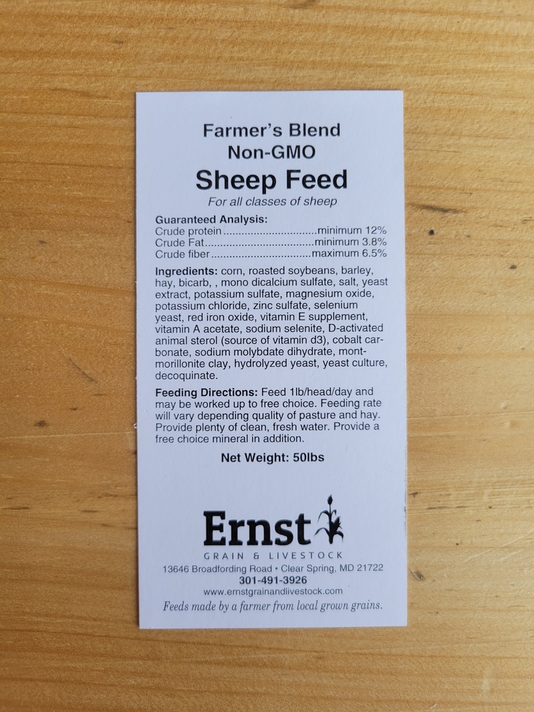 Farmer’s Blend Non-GMO Sheep Feed 50lbs Sheep Feed Tag