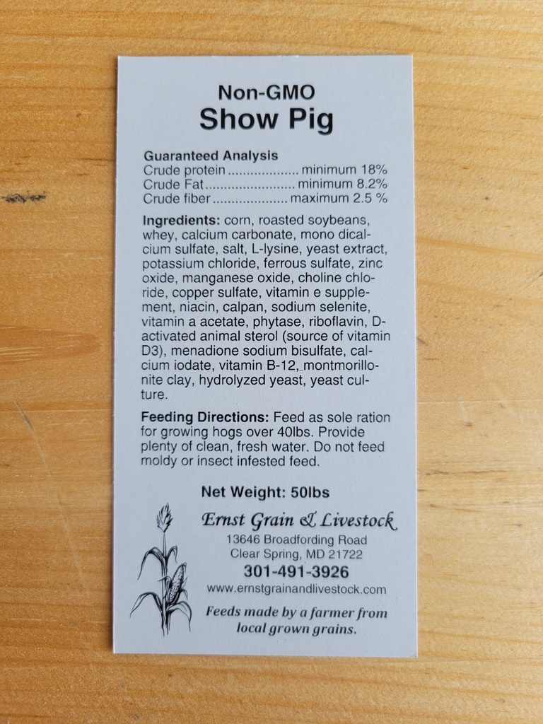 Farmer’s Blend Non-GMO Show Pig 50lbs Show Pig Feed Tag
