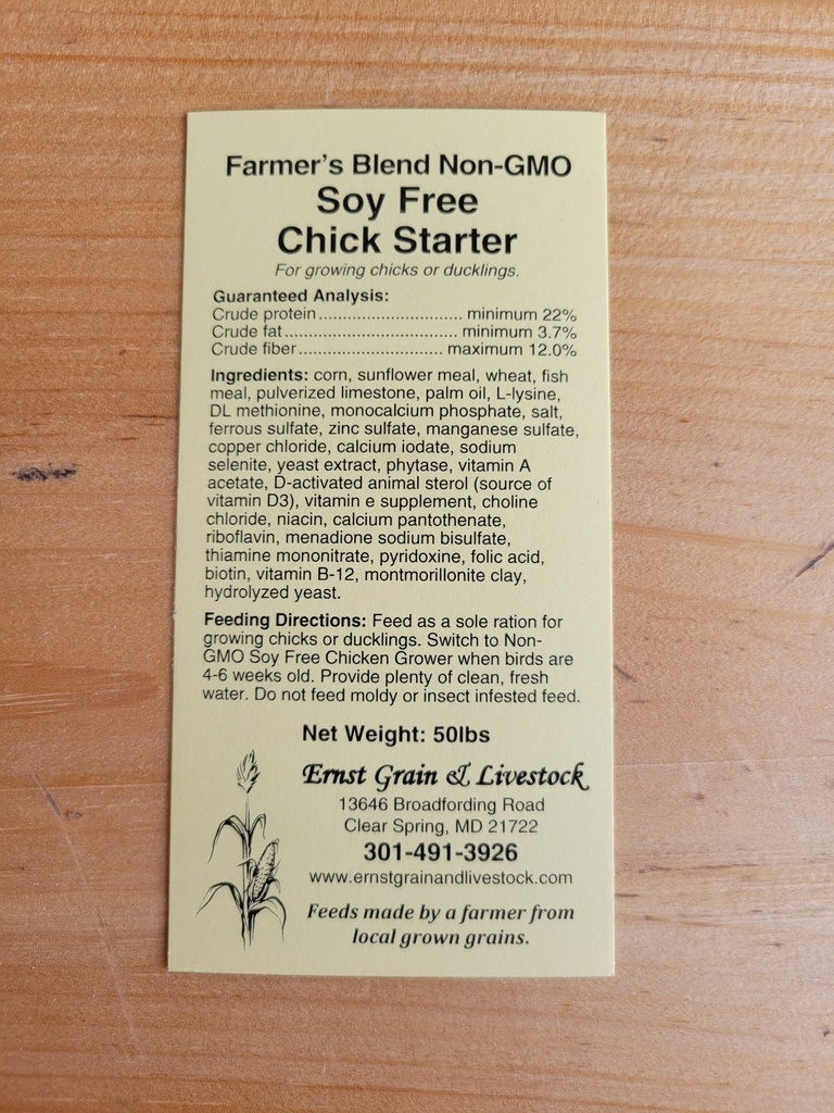 Farmer’s Blend Non-GMO Soy Free Chick Starter 50lbs SF Chick Starter Tag