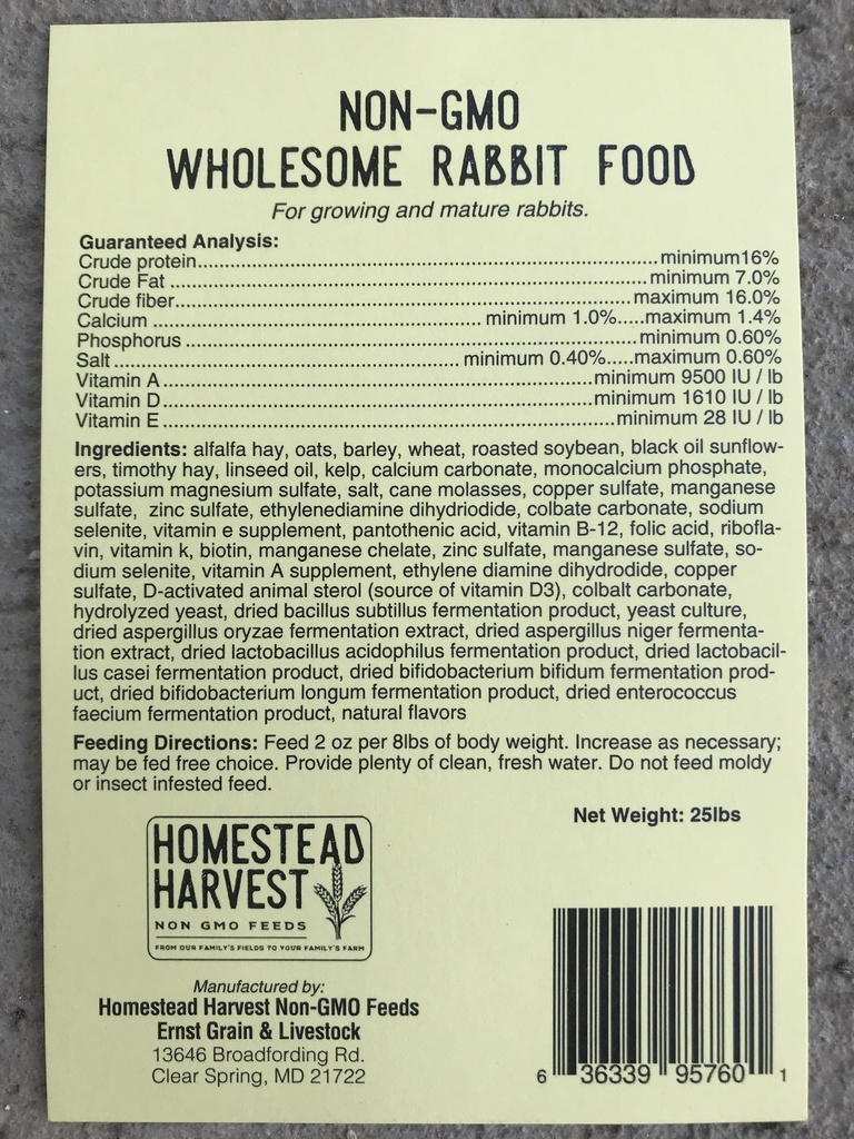 Homestead Harvest Wholesome Rabbit Food 25lbs Rabbit Pellet Tag