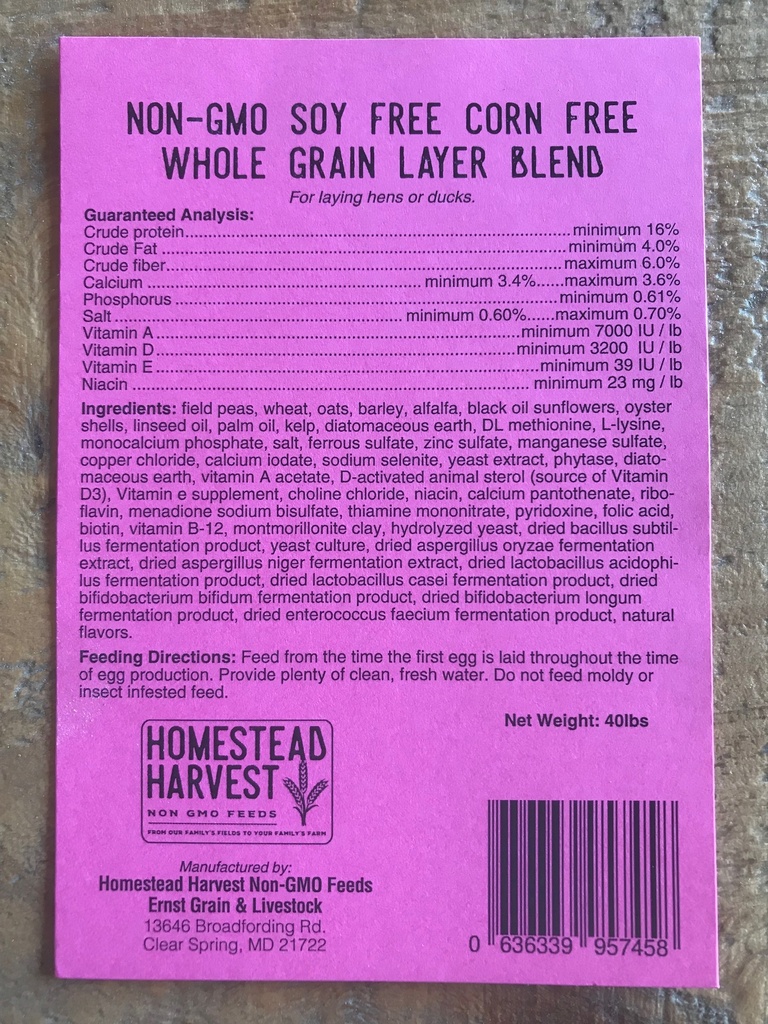 Homestead Harvest Soy Free-Corn Free Whole Grain Layer Blend 40lbs SFCF Whole Grain Layer Tag