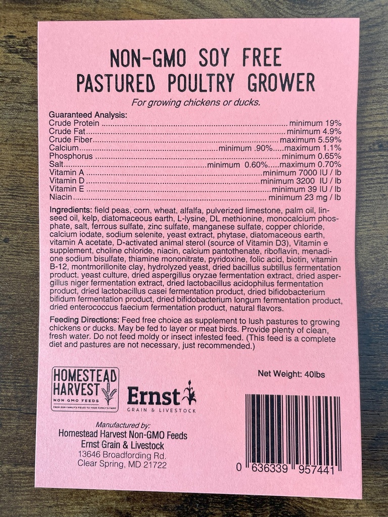 Homestead Harvest Soy Free Pastured Poultry Grower 40lbs SF Pastured Poultry Grower Tag