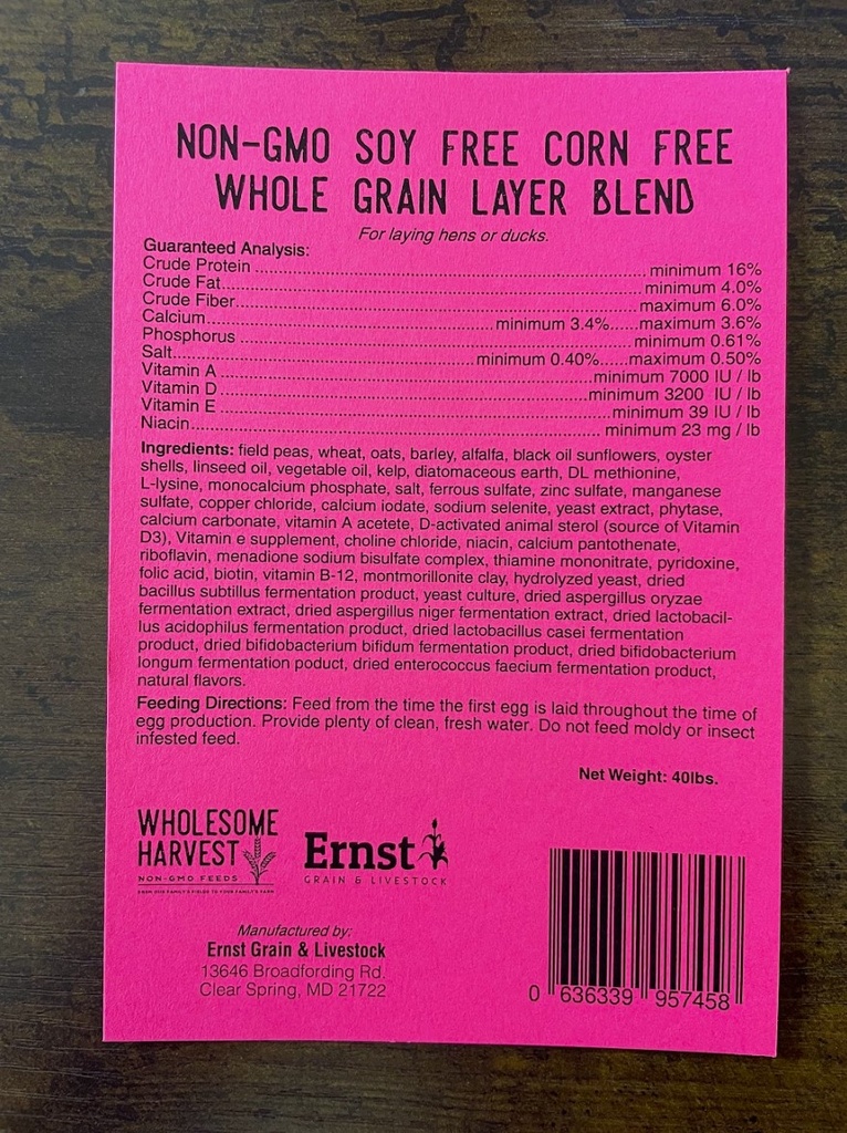 Wholesome Harvest Soy Free-Corn Free Whole Grain Layer Blend 40lbs