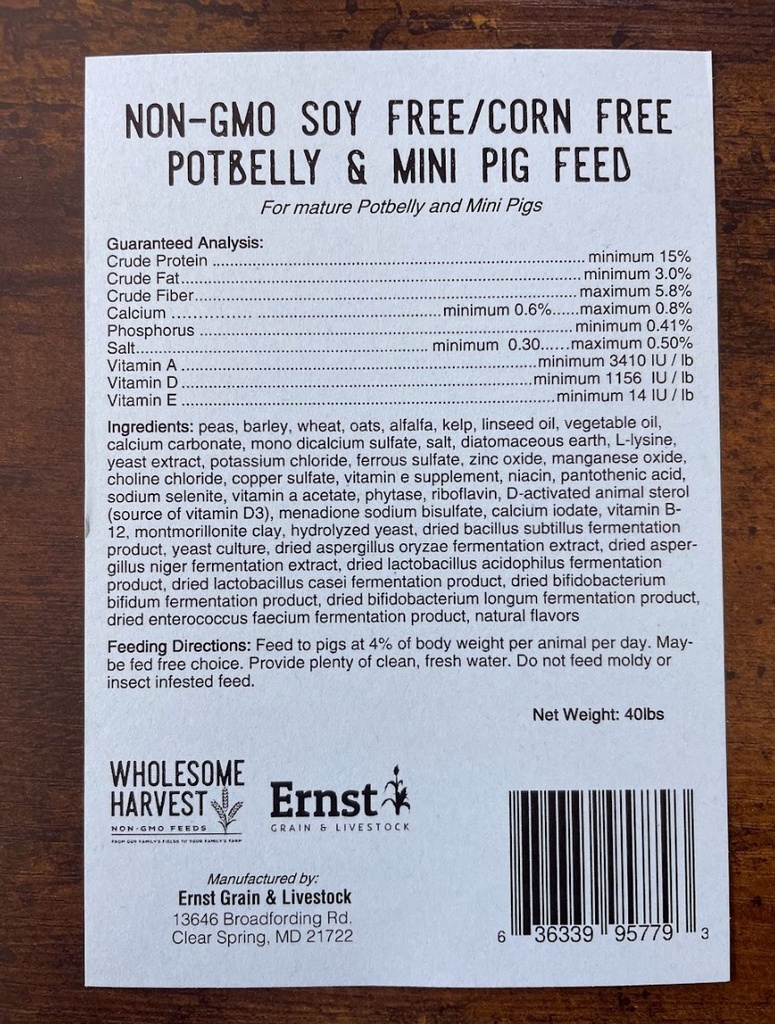 Wholesome Harvest Soy Free-Corn Free Potbelly & Mini Pig Feed 40lbs
